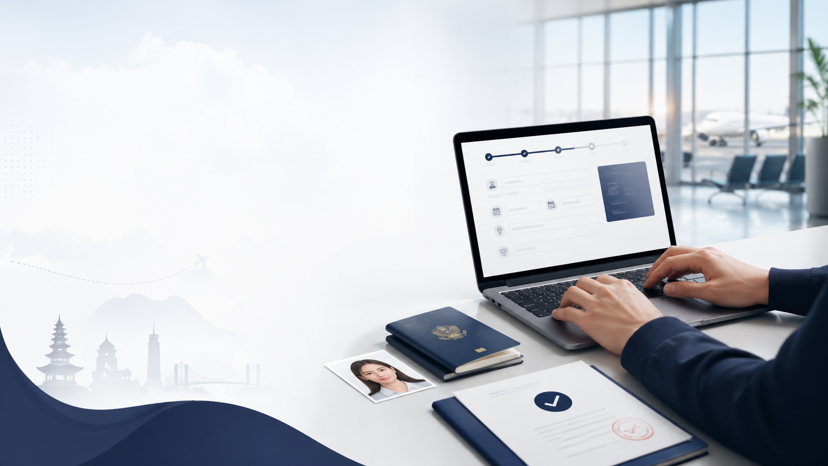 Online visa application on laptop with passport and travel documents